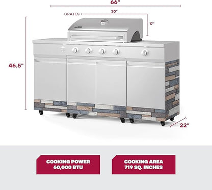 Tytus Fresno 5-Burner Propane or Natural Gas Island Grill – 864 sq. in. Cooking, 48,000 BTU Main + 12,000 BTU Side Burner, Porcelain Grates, Storage Cabinets, Semi-Portable - SS/Ash Stone Deluxe Kit
