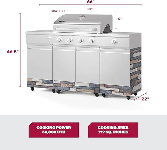 Tytus Fresno 5-Burner Propane or Natural Gas Island Grill – 864 sq. in. Cooking, 48,000 BTU Main + 12,000 BTU Side Burner, Porcelain Grates, Storage Cabinets, Semi-Portable - SS/Ash Stone Deluxe Kit