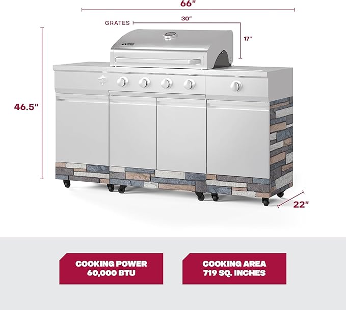 Tytus Fresno 5-Burner Propane or Natural Gas Island Grill – 864 sq. in. Cooking, 48,000 BTU Main + 12,000 BTU Side Burner, Porcelain Grates, Storage Cabinets, Semi-Portable - SS/Ash Stone Starter Kit