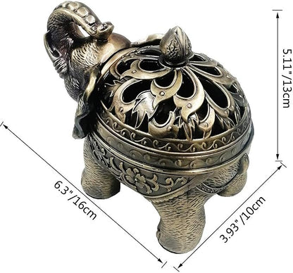 Hourwof Metal Elephant Incense Holder,Vintage Cone Coil Incense Burner with Lid,Ash Catcher,Aromatherapy Ornament Home Office Decor,Bronze