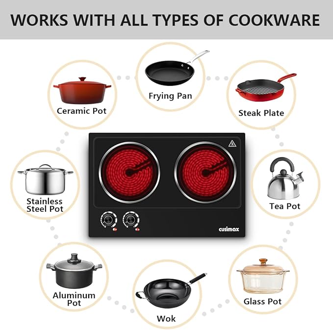 CUSIMAX Double Burner, 1800W Ceramic Electric Hot Plate for Cooking, Black | Countertop Infrared Burner with Dual Temperature Control, Heat-up in Seconds, Works with All Cookware, Stainless Steel