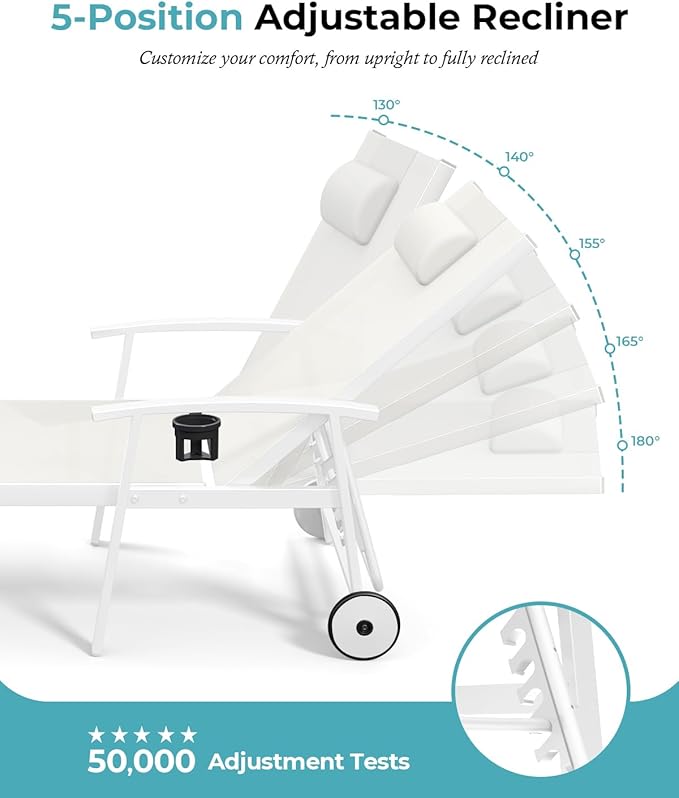 Ciokea Outdoor Lounge Chair with Pillow Set of 4, 5-Position Chaise Lounge with Wheels & Armrests, 400 lbs Heavy Duty Aluminum Pool Lounge Chairs, for Beach, Deck, Poolside & Backyard, White