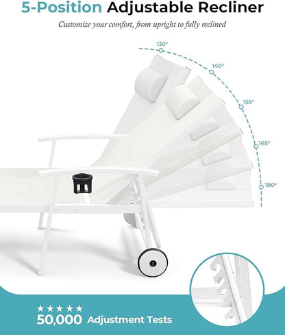 Ciokea Outdoor Lounge Chair with Pillow, 5-Position Aluminum Chaise Lounge with Wheels & Armrests, 400 lbs Heavy Duty Patio Pool Chair for Deck, Backyard, Beach & Poolside, White