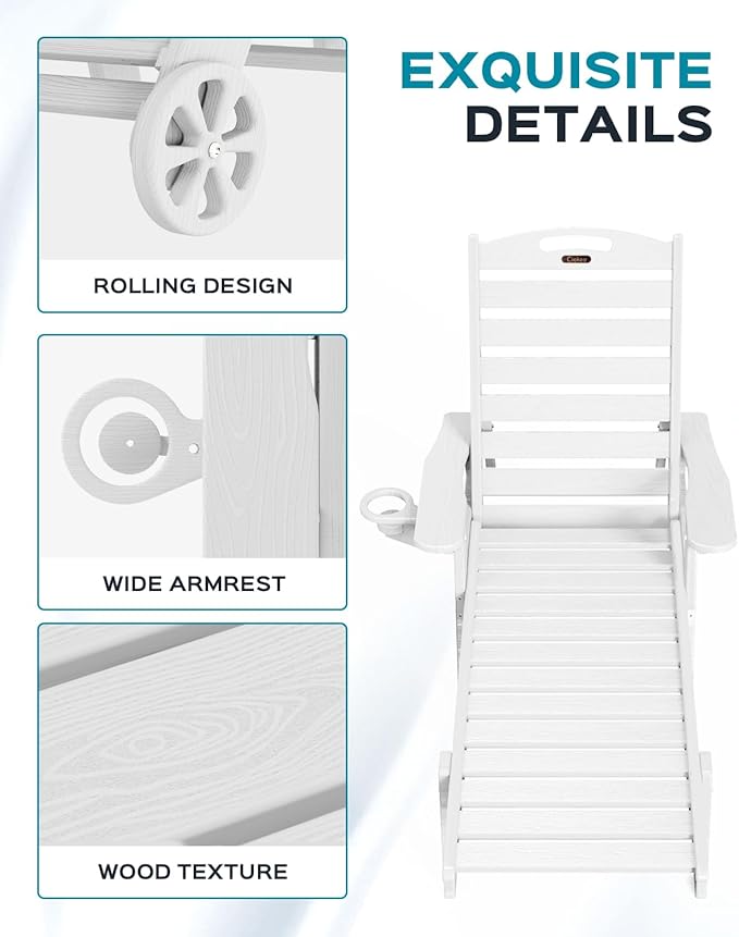 Ciokea Lounge Chair Outdoor Set of 4, Oversized Chaise Lounge Chair with 5 Positions, HDPE, Patio Lounge Chairs with Wheels & Cup Holder for Lawn, Pool, Deck, Poolside, White