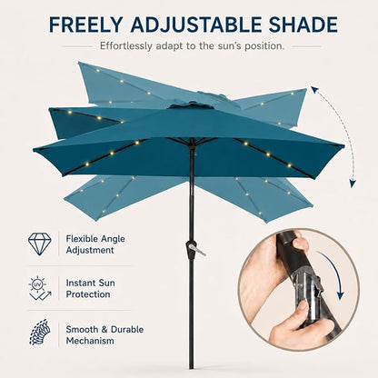 6.5 x 10ft Rectangular Patio Umbrella with Solar Lights, 16 LED Lighted Market Umbrella with Push-Button Tilt and Crank, 6 Sturdy Iron Ribs for Garden, Deck, Pool, Lake Blue
