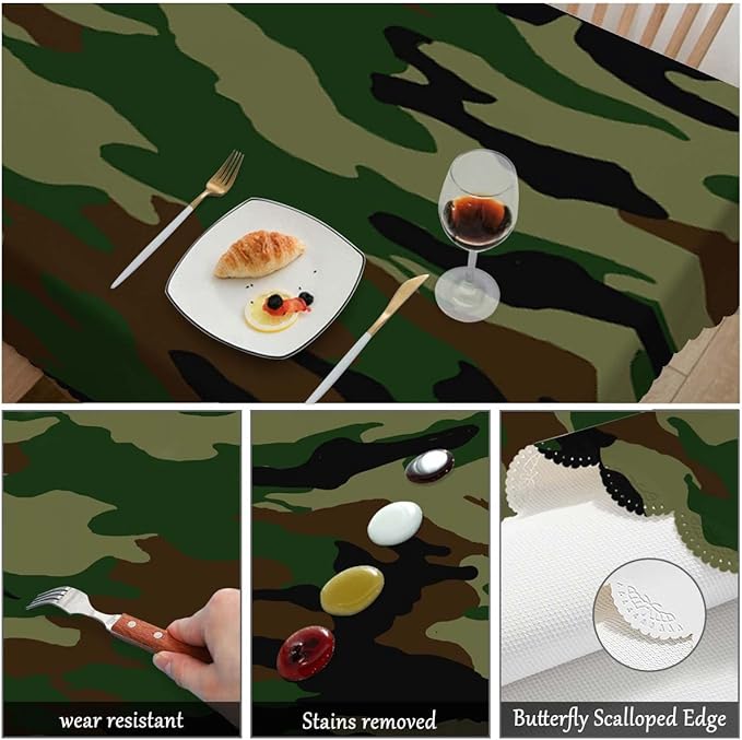 Swono Tablecloth 52"X70" Camouflage, Hunting Military Camo Jungle Rectangle Table Cover Anti-Oil Tablecloth for Dining Tables, Parties, Wedding and Banquet Decoration, Green Brown