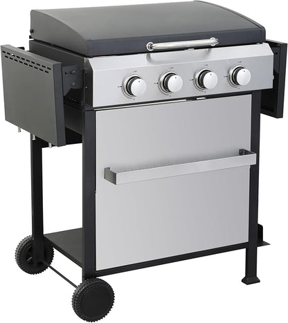 4-Burner Propane Gas BBQ Grill, SS Plancha, 49200BTU Output With Wire Enamel Cooking Grids For Outdoor Barbecue, Foldable Side Table, Hanging Basket, Stainless Steel
