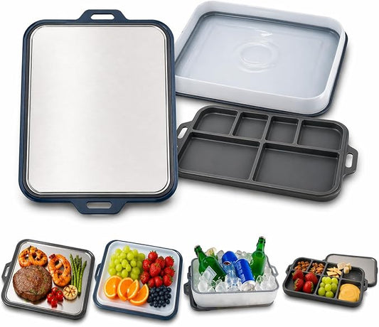 Multi-Purpose Serving and Entertaining Tray with Foldable Silicone Lid and Divided Plates, Stainless Steel Serving Set for Kitchen, Camping, BBQ and Outdoor Events