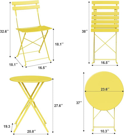 Bistro Table and Chairs Set of 2, 3 Piece Outdoor/Indoor Folding Patio Bistro Sets, 2 Chair Patio Furniture Set with Table, Premium Frame Foldable Coffee Tables for Balcony, Yard, Garden, Yellow