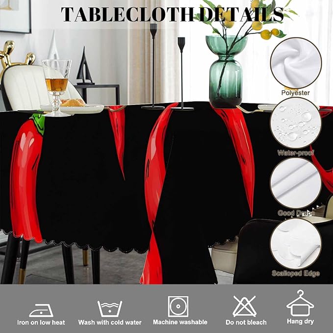 Swono Chili Pepper 52"X70" Oblong Table Cloth Red Hot Chili Pepper On Black Wrinkle Free Table Cover Farmhouse Tablecloth for Home Restaurant Picnic Indoor Outdoor Dining, 4-6 Seats