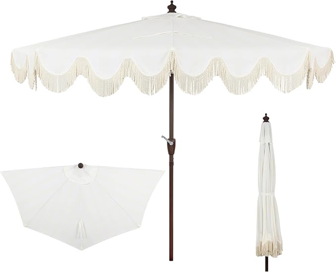 JONATHAN Y Beverly 9 ft. Striped Half Umbrella, Cream/Dark Brown | Coastal Scalloped Fringe, Crank Lift, 30 Degree Manual Tilt, UV 50 Polyester Canopy, Aluminum Frame, Space Saving Design