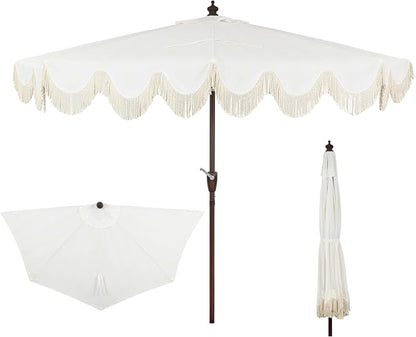 JONATHAN Y Beverly 9 ft. Striped Half Umbrella, Cream/Dark Brown | Coastal Scalloped Fringe, Crank Lift, 30 Degree Manual Tilt, UV 50 Polyester Canopy, Aluminum Frame, Space Saving Design