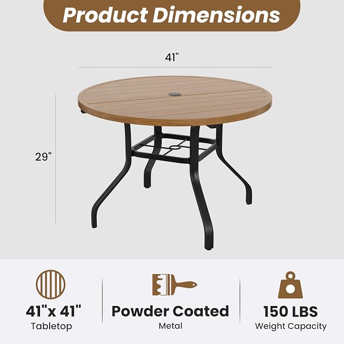Round Outdoor Dining Table 41" with 1.57" Umbrella Hole | with Umbrella Hole, Wood-like Table Top, Water-resistant, Easy to Clean, Patio table for Backyard, Poolside