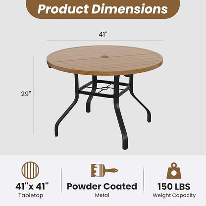 Round Outdoor Dining Table 41" with 1.57" Umbrella Hole | with Umbrella Hole, Wood-like Table Top, Water-resistant, Easy to Clean, Patio table for Backyard, Poolside