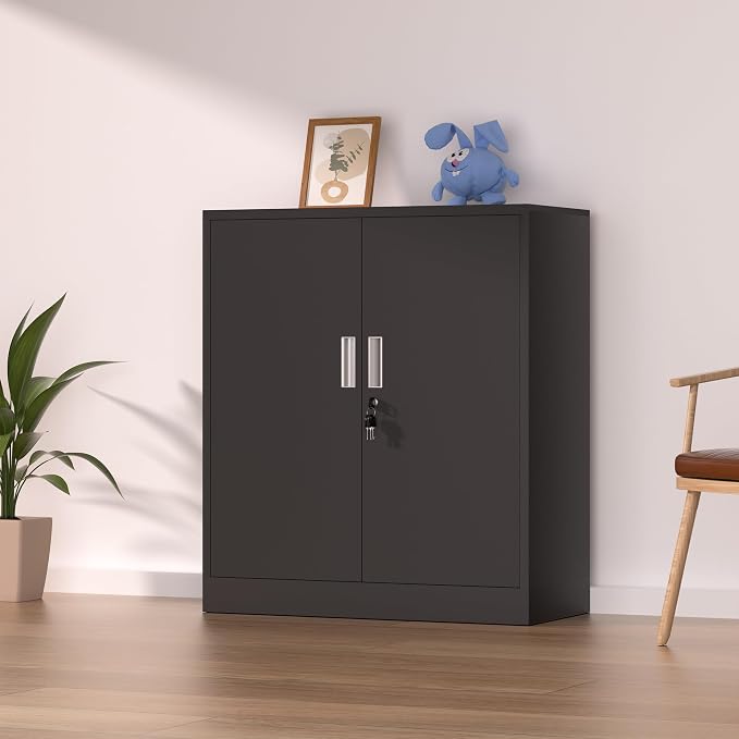 Metal Storage Cabinet with Locking Doors and 2 Adjustable Shelves, Small Lockable Storage Cabinet for Home Office Garage (Black)