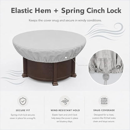 Treasure Garden Round Fire Pit Cover, 300D Polyester Outdoor Table & Ottoman Cover, Water Resistant, UPF50+ UV Protection, Elastic Hem, Spring Cinch Lock, Built-In Storage Pouch, Gray, 55 in