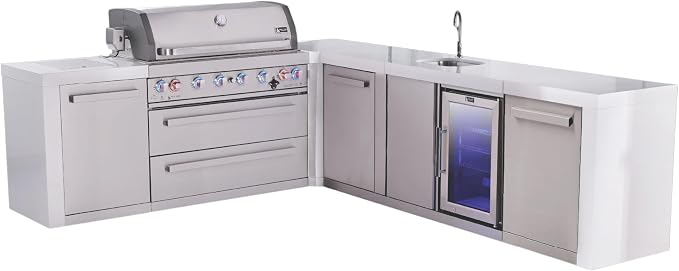 Mont Alpi Deluxe 94"W x 113"D L-shaped Stainless Steel Outdoor Kitchen Island with Refrigerator + Faucet & Sink + 44"W 6-Burner BBQ Gas Grill + Granite Countertops + Storage Drawers + Cabinets + Cover