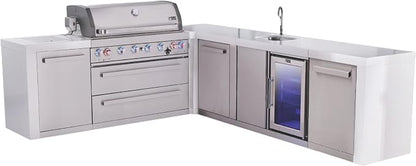 Mont Alpi Deluxe 94"W x 113"D L-shaped Stainless Steel Outdoor Kitchen Island with Refrigerator + Faucet & Sink + 44"W 6-Burner BBQ Gas Grill + Granite Countertops + Storage Drawers + Cabinets + Cover