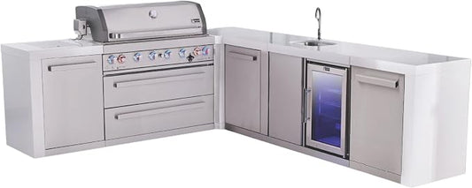 Mont Alpi Deluxe 94"W x 113"D L-shaped Stainless Steel Outdoor Kitchen Island with Refrigerator + Faucet & Sink + 44"W 6-Burner BBQ Gas Grill + Granite Countertops + Storage Drawers + Cabinets + Cover