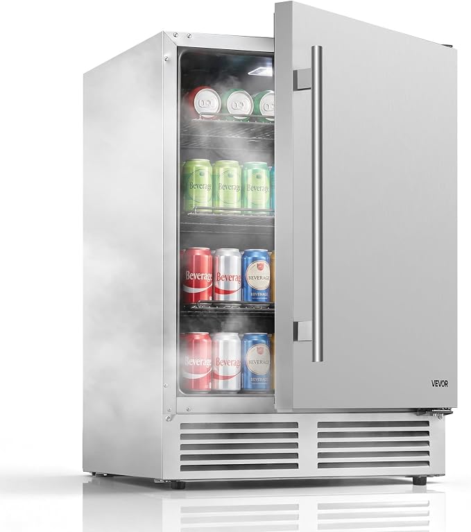 VEVOR Outdoor Beverage Refrigerator, 24 Inch Undercounter Drink Fridge | 304 Stainless Steel Body, 5.0 Cu. Ft, Hold 180 Cans, Powerful Cooling System, Built-in / Freestand Cooler, Home Bar & Patio