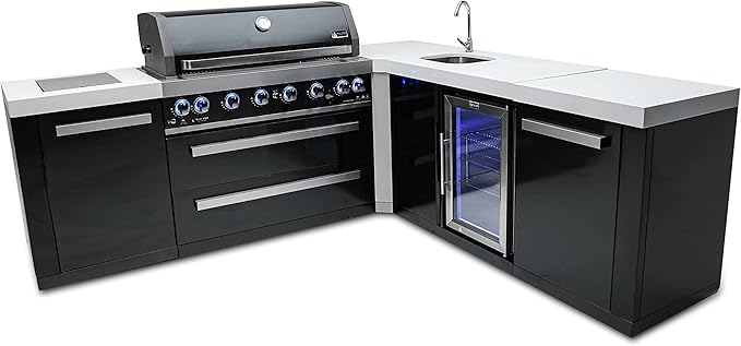 Mont Alpi Premium 94"W x 88"D L-shaped Black Stainless Steel Modular Outdoor Kitchen Island with Beverage Center Refrigerator Faucet & Sink + 44"W 6-Burner BBQ Gas Grill + Storage Cabinets & Drawers