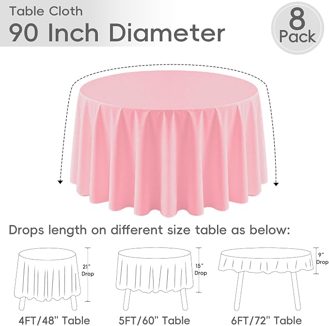 8 Pack Pink Round Tablecloth 90 Inch | For 3Ft-5Ft Round Table, Wrinkle Resistant Table Cloth, Washable Polyester Fabric, For Wedding Party Banquet Buffet Camping