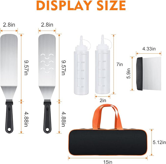 AULTONG 6-Piece Flat Top Griddle Accessories Kit for Blackstone and Camp Chef – Stainless Steel Tools with Carry Bag, Cleaning Brush, and Leak-Free Bottles(6pcs)