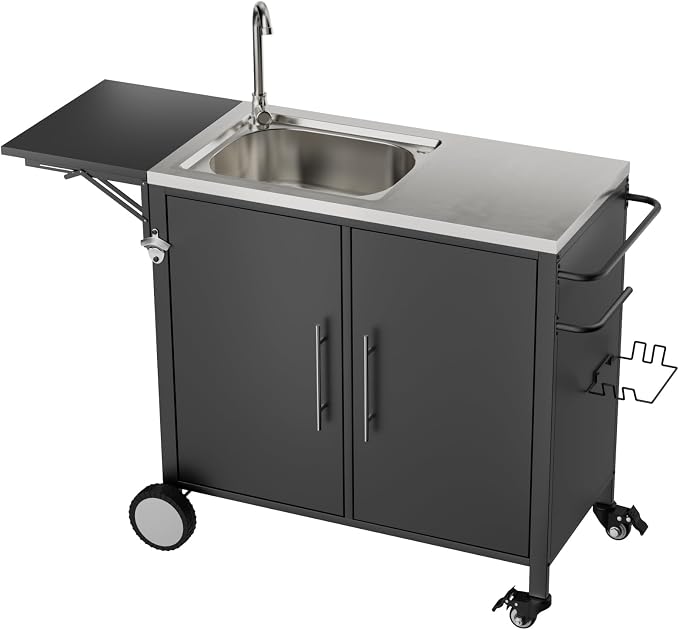 KEIKI Outdoor Grill Table with Sink & Foldable Worktop, 304 Stainless Steel BBQ Cart with Storage Cabinet & Wheels, Outdoor Kitchen Prep Station with Large Basin for Backyard, Garden, Patio