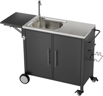 KEIKI Outdoor Grill Table with Sink & Foldable Worktop, 304 Stainless Steel BBQ Cart with Storage Cabinet & Wheels, Outdoor Kitchen Prep Station with Large Basin for Backyard, Garden, Patio