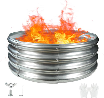 32 Inches Diameter Camp Fire Ring Pit, Large Round Galvanized Steel Fire Pit, Heavy Duty Steel Fire Pit Silver for Backyard, Camping, Bonfire (2.67x2.67x1FT)