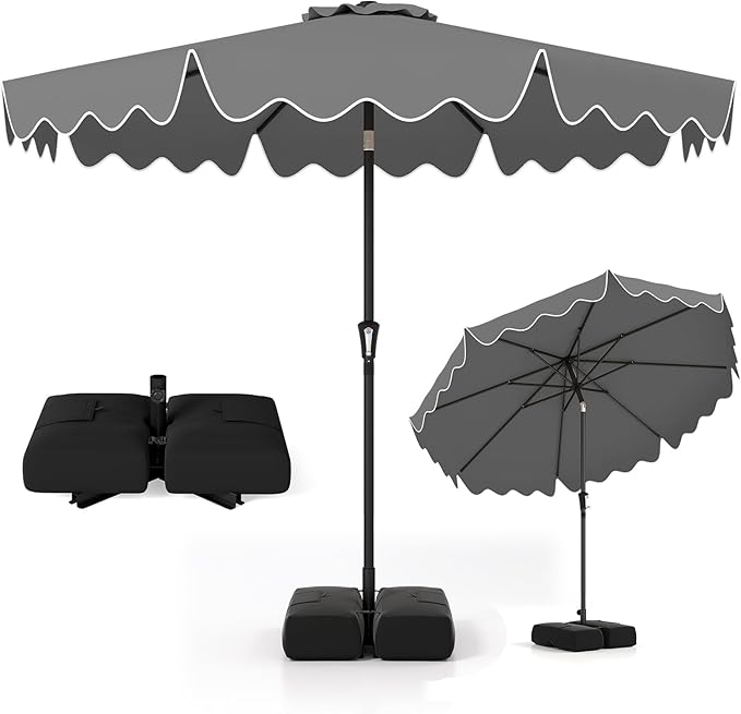 Tangkula 9 FT Patio Umbrella with Base Included, 2-Tiers Outdoor Scalloped Table Umbrella with 2 Sandbags, Tilt Adjustment, Crank, 8 Ribs for Market Backyard Pool Deck Beach Lawn