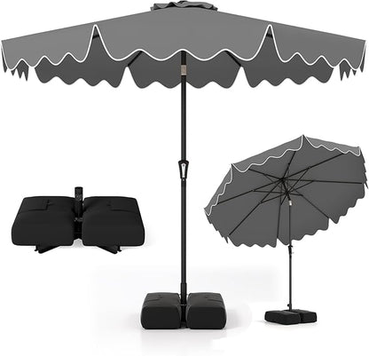 Tangkula 9 FT Patio Umbrella with Base Included, 2-Tiers Outdoor Scalloped Table Umbrella with 2 Sandbags, Tilt Adjustment, Crank, 8 Ribs for Market Backyard Pool Deck Beach Lawn