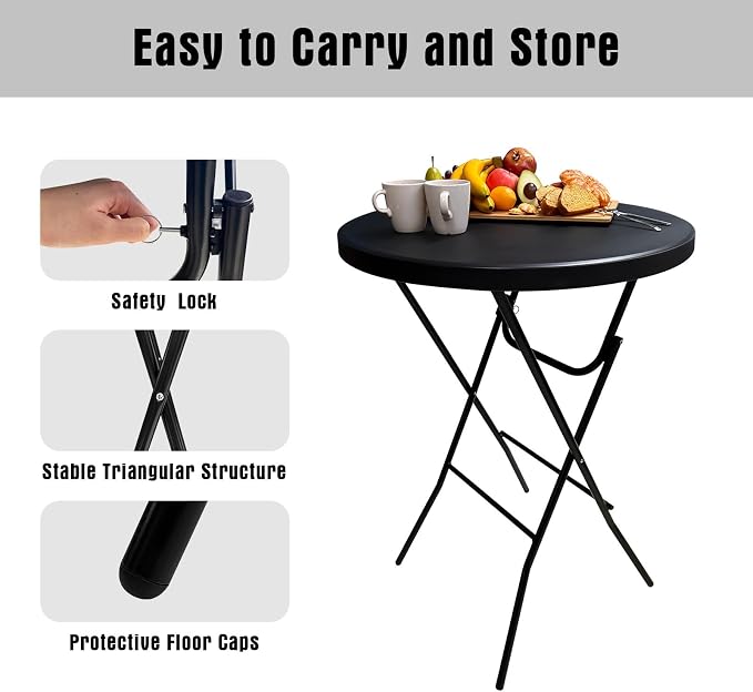GUAGUA 32inch Folding Cocktail Tables, Bar Height, 2 Pack, Black | 32in round bar-height tables with foldable legs for parties, weddings, catering, and portable indoor or outdoor setups.
