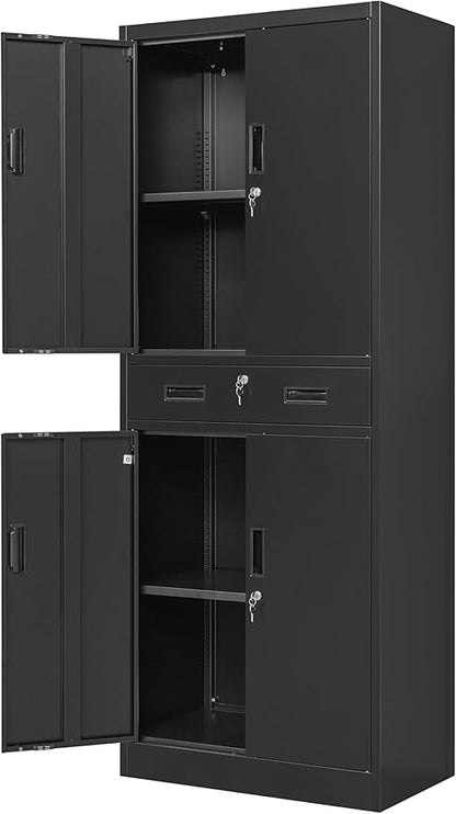 Wanfu Metal Storage Cabinet, 71" H x 28" W x 16" D Locking Storage Cabinet with Adjustable Shelves and 1 Drawer, Steel Cabinet for Office, Garage, Home, School, Utility (Black)