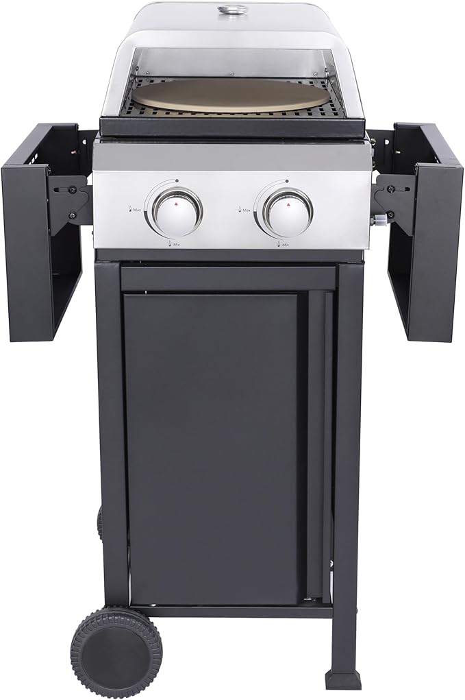 2-Burner Propane Gas BBQ Grill, Pizza Box, 24600BTU Output With Wire Enamel Cooking Grids For Outdoor Barbecue, Foldable Side Table, Hanging Basket, Stainless Steel