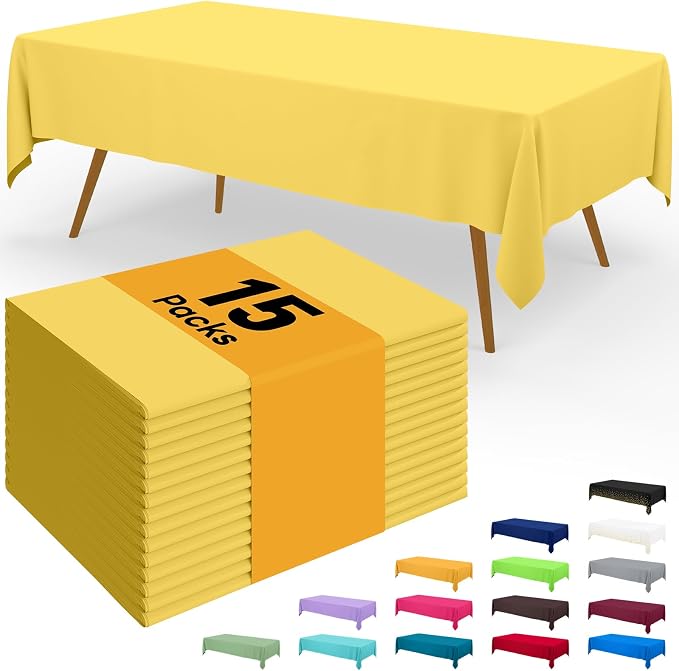 Smiry Disposable Table Cloth - 15 Pack, 54 x 108 Inch Waterproof Rectangle Tablecloths for Parties, Decorative Plastic Table Cover, Leakproof & Sturdy, Yellow