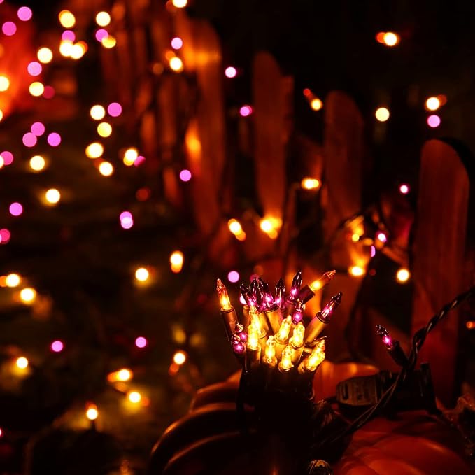 Orange & Purple Halloween Lights, 25ft 100 Count Incandescent String Light | UL Certified Connectable Mini Bulbs String Lights for Outdoor, Indoor, Garden, Porch, Party, Home, Halloween Decor