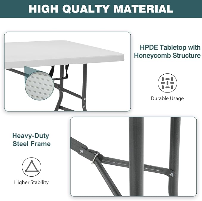 FDW | 6FT Folding Table | White | Portable Plastic Table | with Carry Handle | Waterproof & Foldable Table Design | Steel Frame with Lock | for Events, Camping, Indoor & Outdoor Use