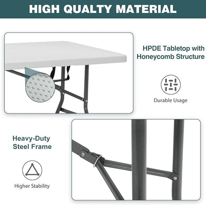 FDW | 6FT Folding Table | White | Portable Plastic Table | with Carry Handle | Waterproof & Foldable Table Design | Steel Frame with Lock | for Events, Camping, Indoor & Outdoor Use