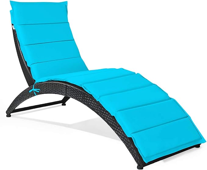 Tangkula Foldable Patio Lounge Chair, Outdoor Rattan Lounger Chaise, Portable Patio Chaise with Cushion, All-Weather Wicker Furniture for Garden Lawn Balcony Backyard Poolside (1, Turquoise)