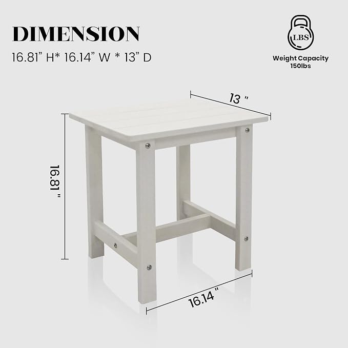 Outdoor Side Table, Adirondack Small Patio Table, Plastic Small Table, HDPS Side Table for Pool, Balcony, Porch, Deck, Backyard, Indoor or Outdoor Use, White