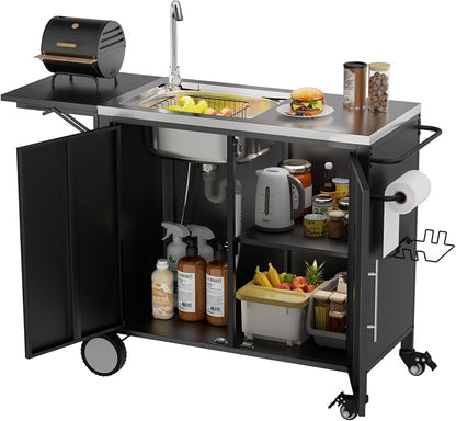KEIKI Outdoor Grill Table with Sink & Foldable Worktop, 304 Stainless Steel BBQ Cart with Storage Cabinet & Wheels, Outdoor Kitchen Prep Station with Large Basin for Backyard, Garden, Patio