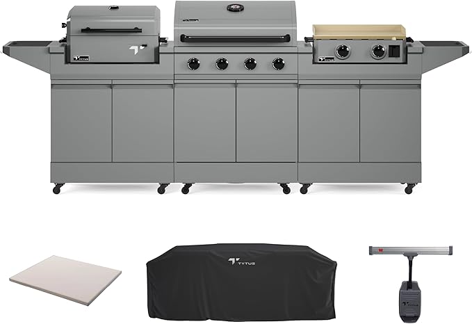 Tytus Anaheim 4-Burner Gas Grill with Two Prep Carts, Charcoal Grill, and Gas Griddle with Cover, Light, and Baking Stone - Modular Outdoor Kitchen, Quick Assembly, Outdoor Cooking