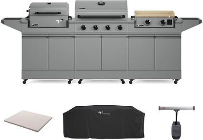 Tytus Anaheim 4-Burner Gas Grill with Two Prep Carts, Charcoal Grill, and Gas Griddle with Cover, Light, and Baking Stone - Modular Outdoor Kitchen, Quick Assembly, Outdoor Cooking