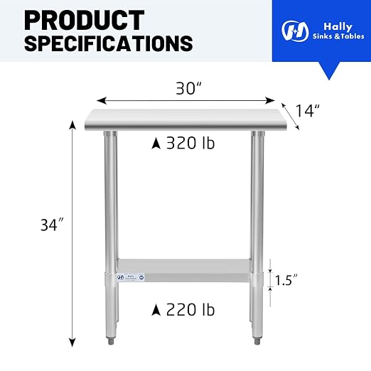 Hally Stainless Steel Table 14 x 30 Inches, NSF Commercial Prep Table | Space-saving, easy-clean surface for cafes and small kitchens; adjustable undershelf, leveling feet, compact food station.