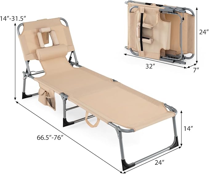 GYMAX Tanning Chair, Folding Lounger with Face/Arm Holes, Carry Handles & Side Pocket, Portable Lightweight Layout Beach Chair for Outdoor/Indoor, Face Down Sun Lounger (1, Sand)