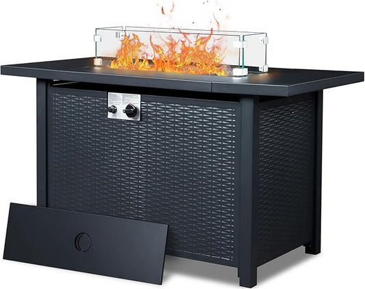 Outvita Fire Pit Table, 43" 50,000 BTU Rectangle Metal Propane Fire Table with Lid, Lava Rocks, Waterproof Dust Cover and Glass Wind Guard for Garden Backyard Deck Patio