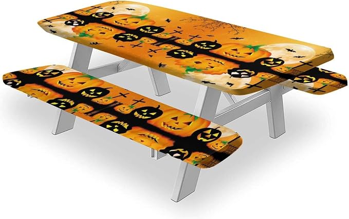 Halloween Fitted Tablecloth, Orange Spooky Jack 'o' Lantern and Full Moon Print Picnic Tablecloth and Bench Seats Table Cover, 3 PCS, for Picnic Party Outdoor Patio Use, 28x72 Inch