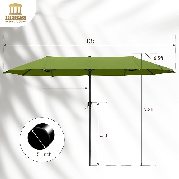 HERA'S PALACE 13 ft Large Patio Umbrella, Double-Sided Twin, Outdoor Market Umbrella with Crank Handle, Powerful UV Protective, Lime