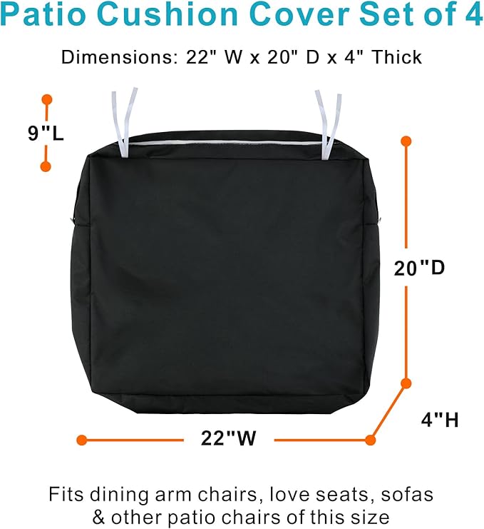 NettyPro Outdoor Cushion Slipcovers Waterproof 4 Pack Patio Chair Seat Cushion Covers with Zipper and Tie, 22 x 20 x 4 Inch, Replacement Cover Only, Black